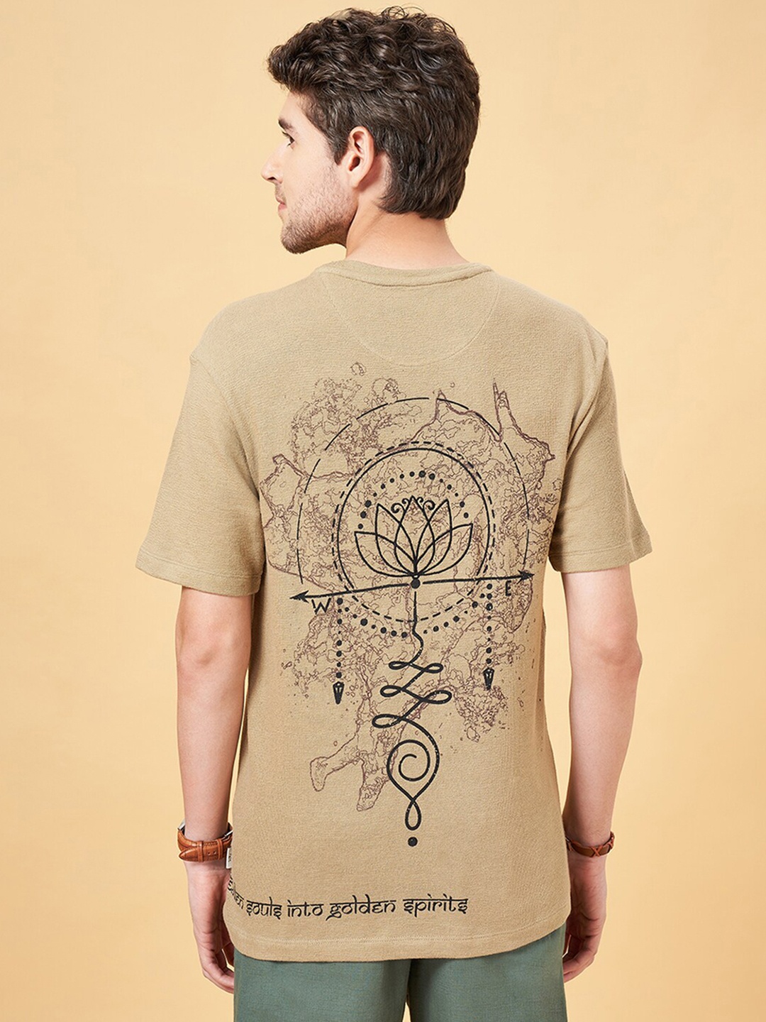 

7 Alt by Pantaloons Graphic Printed Relaxed Fit Slim Fit Pure Cotton T-shirt, Khaki