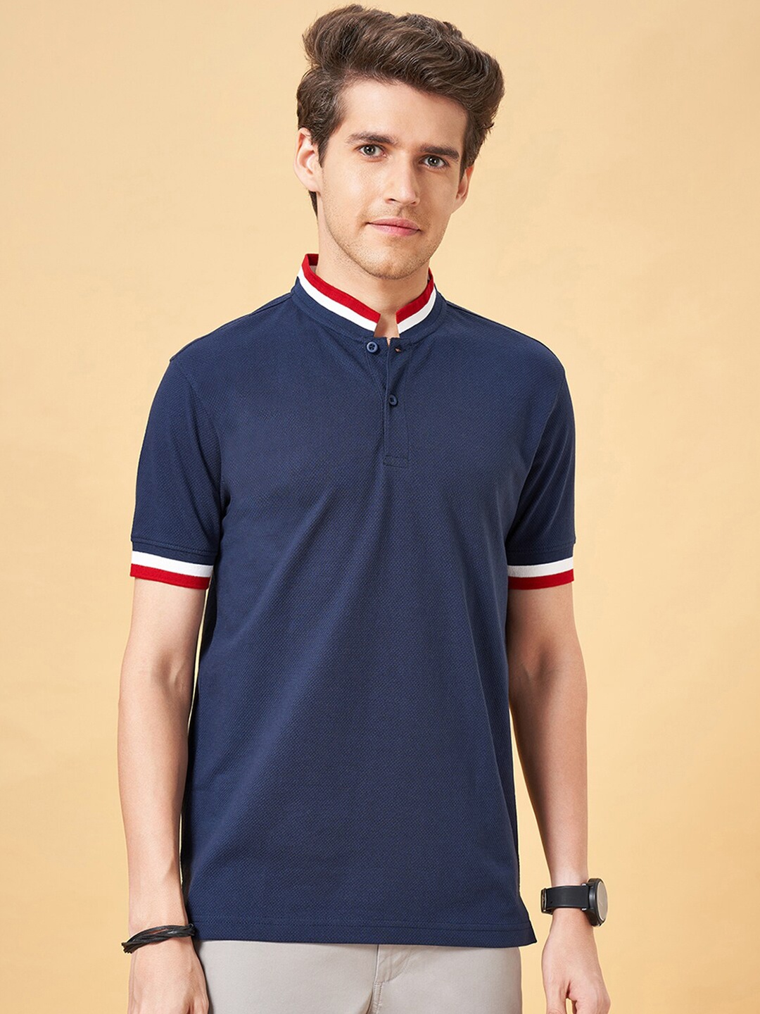 

BYFORD by Pantaloons Mandarin Collar Slim Fit T-shirt, Navy blue