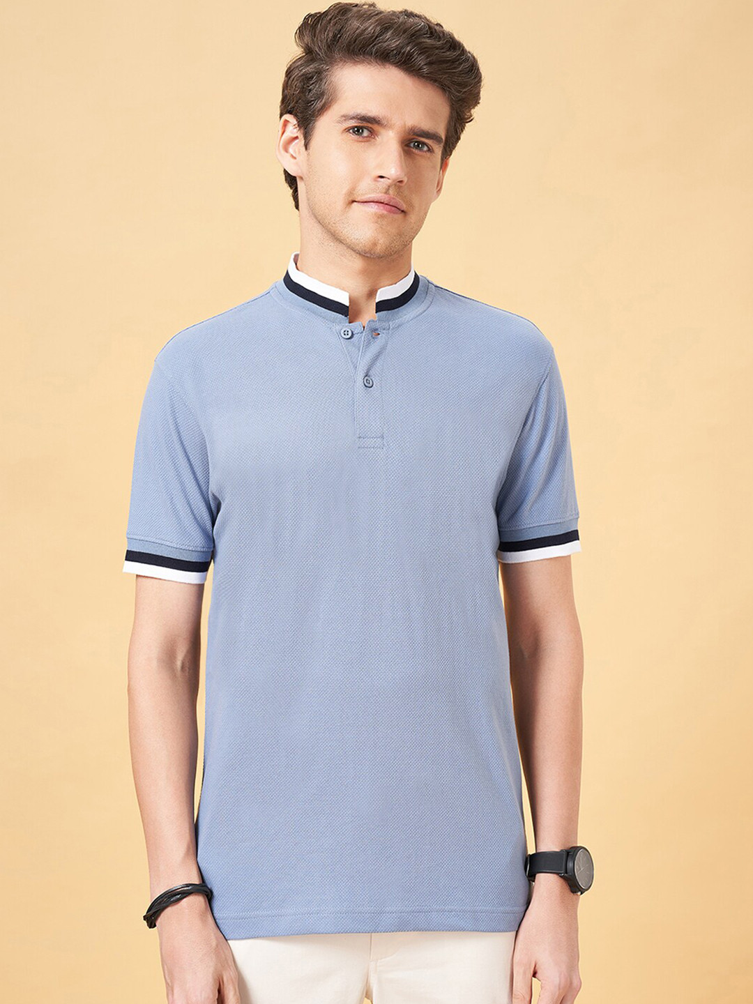 

BYFORD by Pantaloons Mandarin Collar Slim Fit T-shirt, Blue