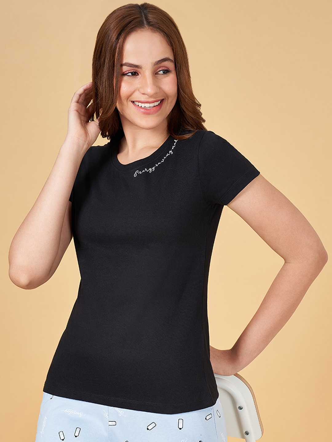 

Dreamz by Pantaloons Round Neck Relaxed Fit Pure Cotton T-shirt, Black