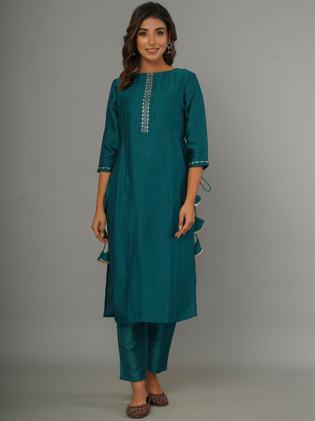 

CRAFTED FOR YOU Striped Thread Work Raw Silk Straight Kurta With Trouser, Teal