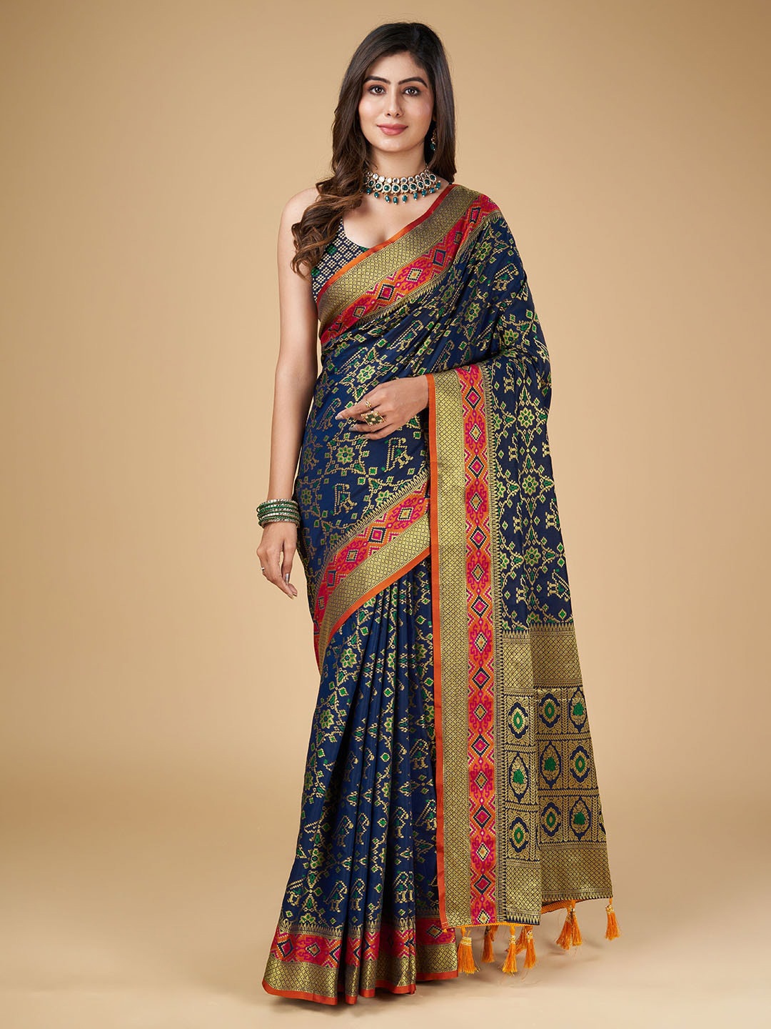 

RAJ DHARMA SILK Ethnic Motifs Woven Design Zari Patola Saree, Navy blue