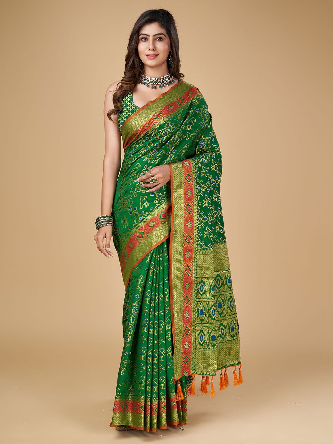 

RAJ DHARMA SILK Ethnic Motifs Woven Design Zari Patola Saree, Green