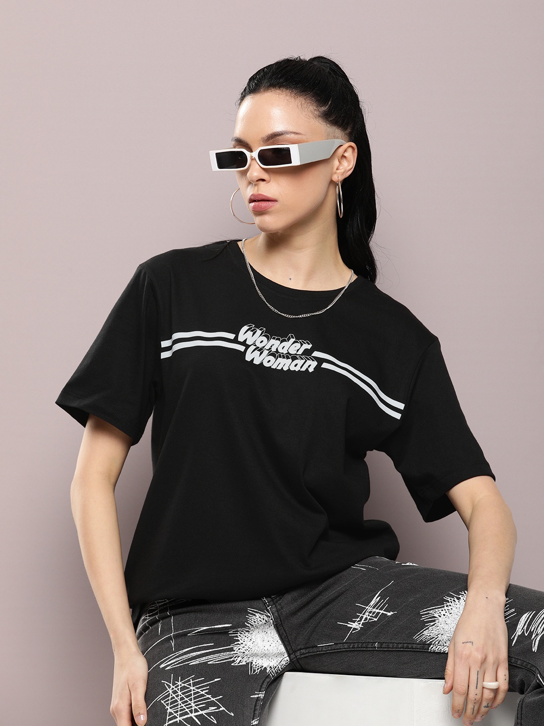 

Kook N Keech Wonder Woman Women Typography Printed Oversized T-shirt, Black