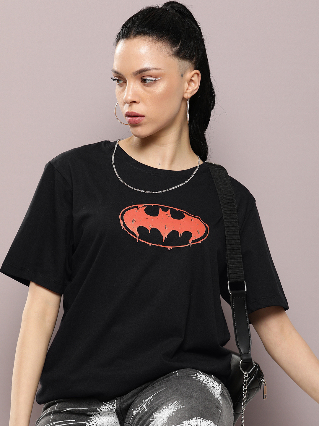 

Kook N Keech Batman Women Graphic Printed Oversized T-shirt, Black