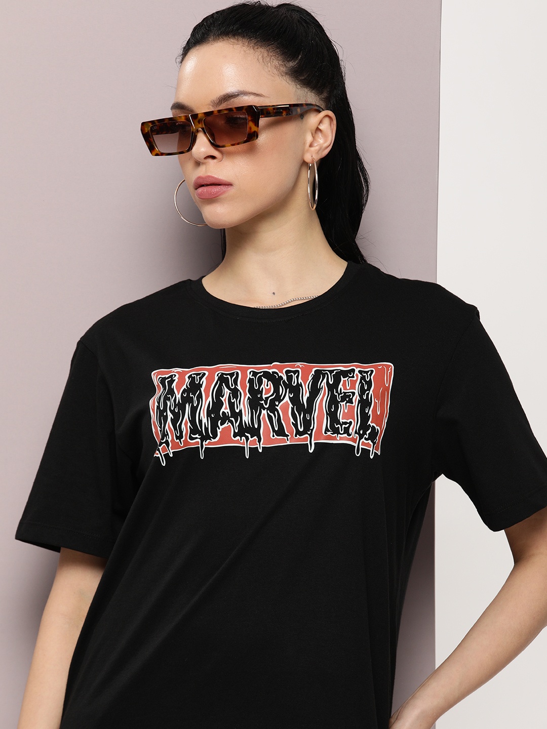 Kook N Keech Marvel Women Graphic Printed Oversized T-shirt, Black