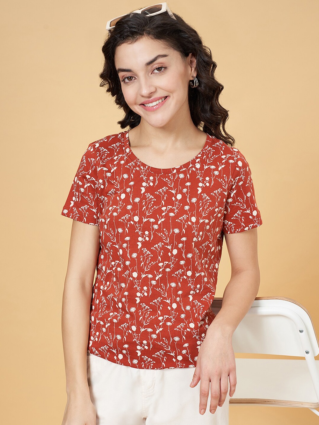 

Honey by Pantaloons Floral Printed Pure Cotton T-shirt, Rust