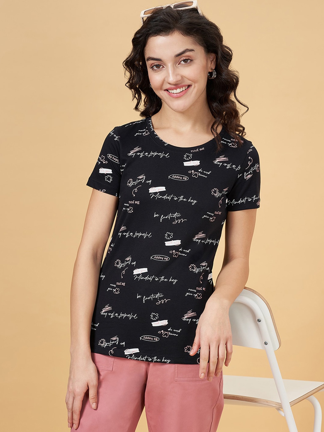 

Honey by Pantaloons Round Neck Short Sleeves Cotton Printed T-shirt, Black