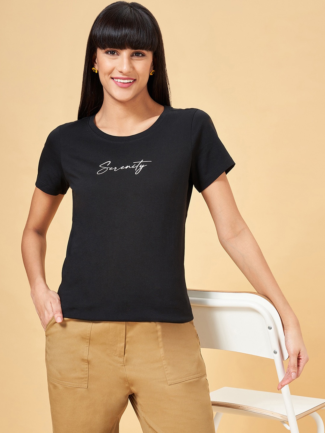 

Honey by Pantaloons Typography Round Neck Short Sleeves Cotton T-shirt, Black