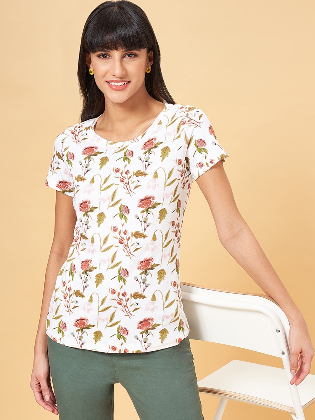 

Honey by Pantaloons Floral Printed Round Neck Cotton T-shirt, Off white