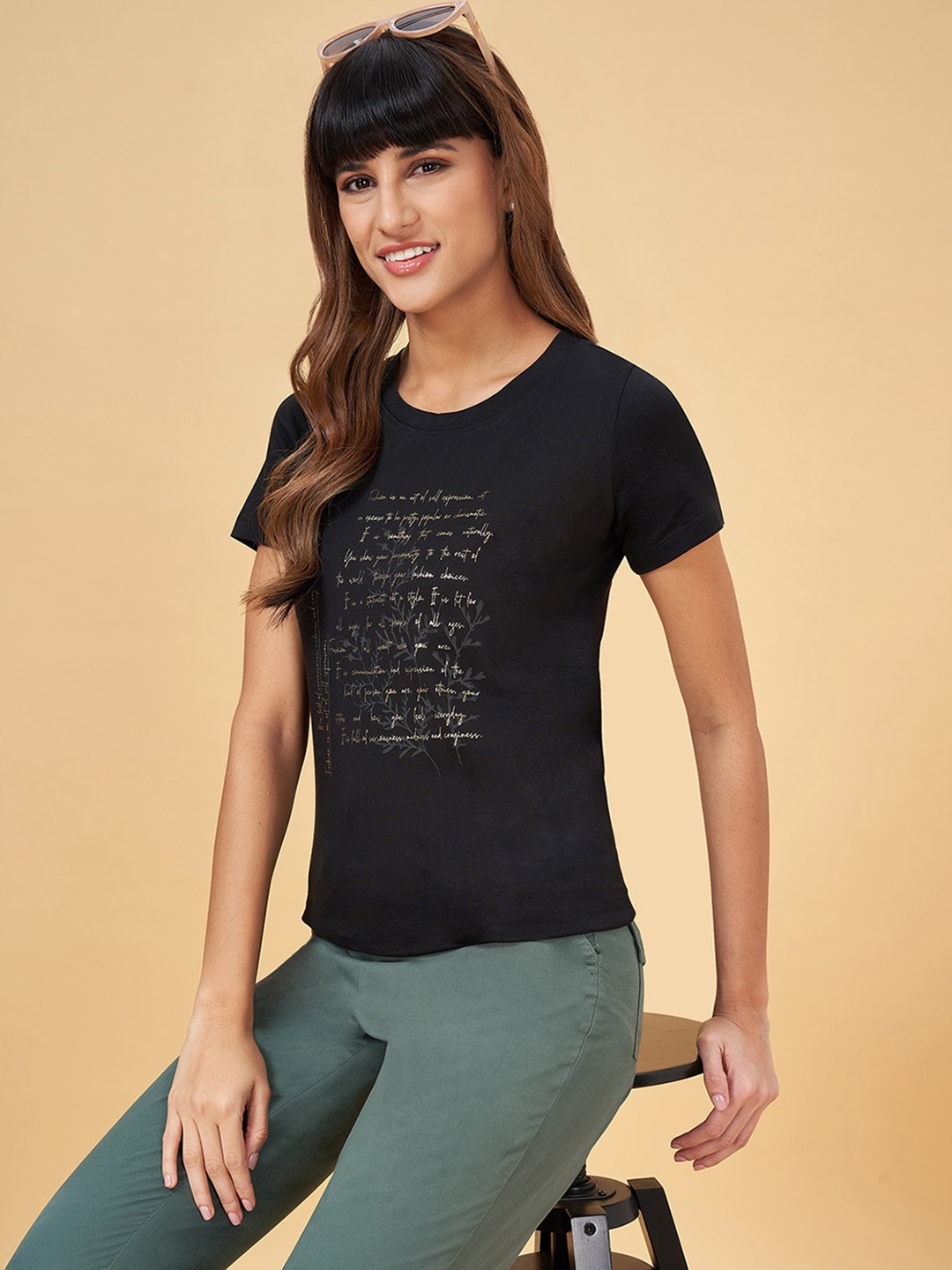 

Honey by Pantaloons Typography Printed Pure Cotton Casual T-shirt, Black