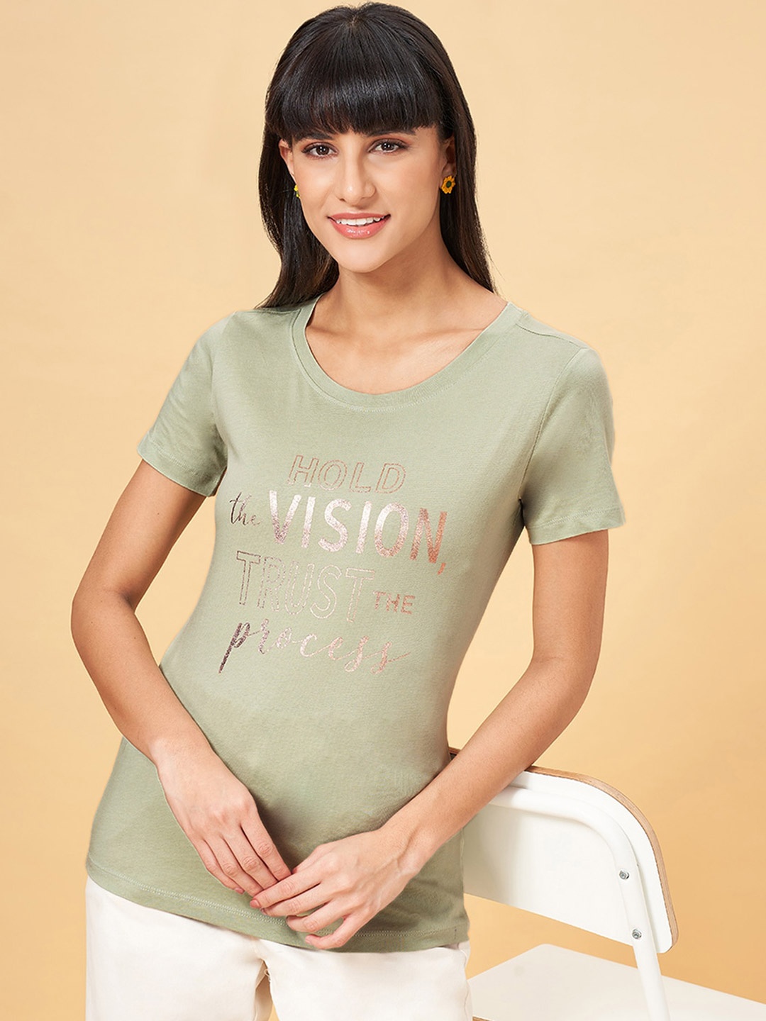 

Honey by Pantaloons Typography Printed Pure Cotton Casual T-shirt, Olive