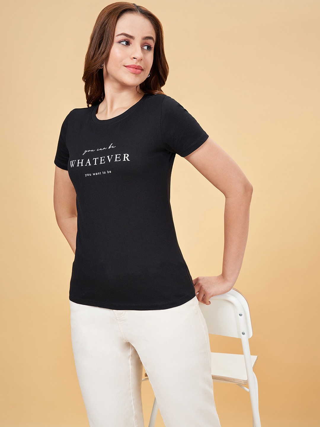 

Honey by Pantaloons Typography Printed Cotton T-shirt, Black