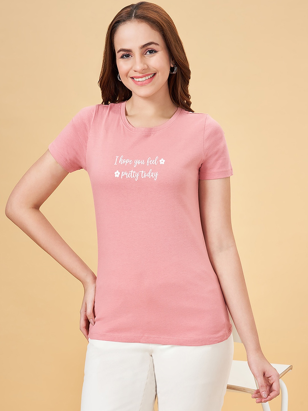 

Honey by Pantaloons Typography Printed Cotton T-shirt, Pink