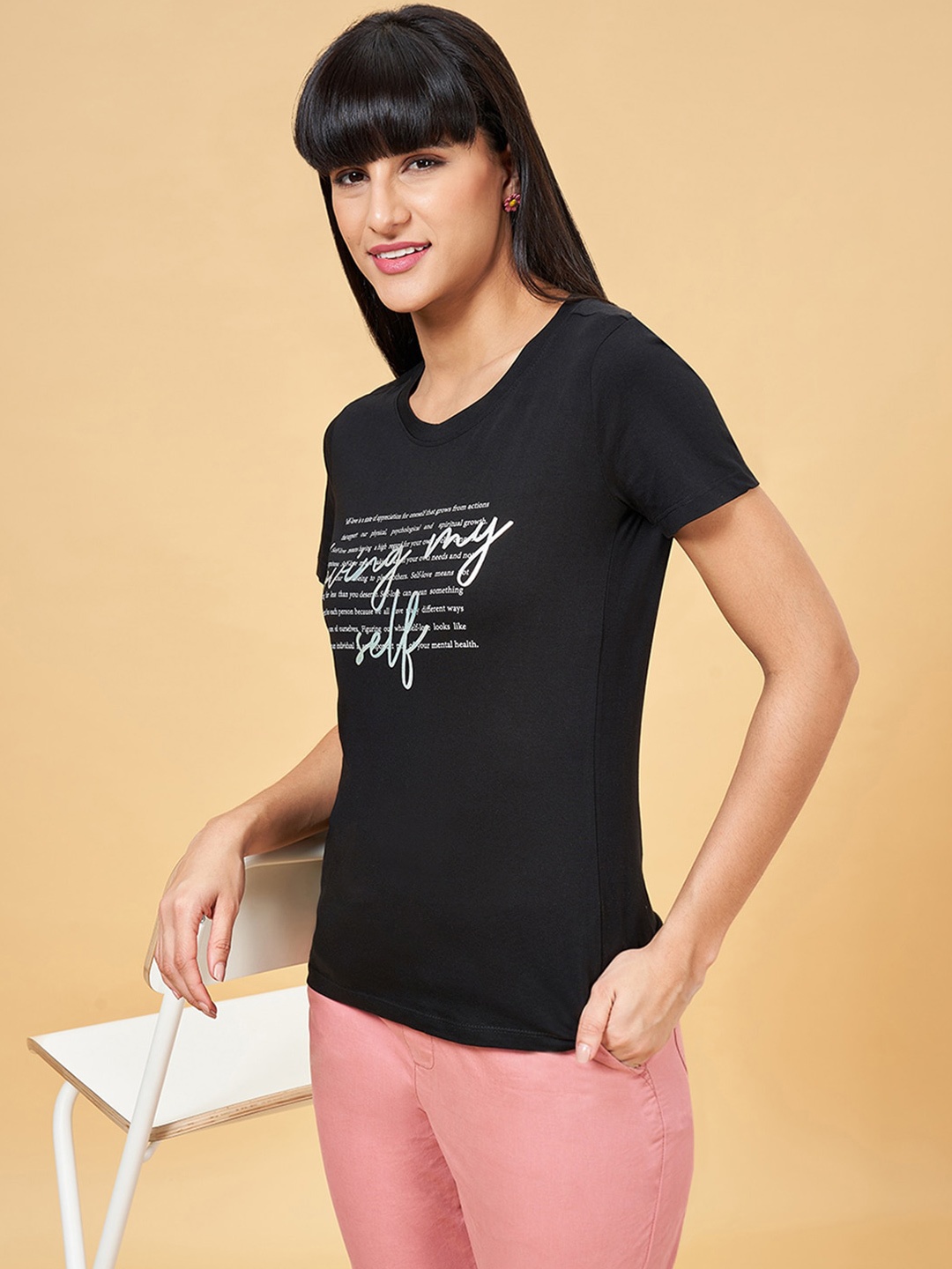 

Honey by Pantaloons Round Neck Short Sleeves Cotton Typography T-shirt, Black
