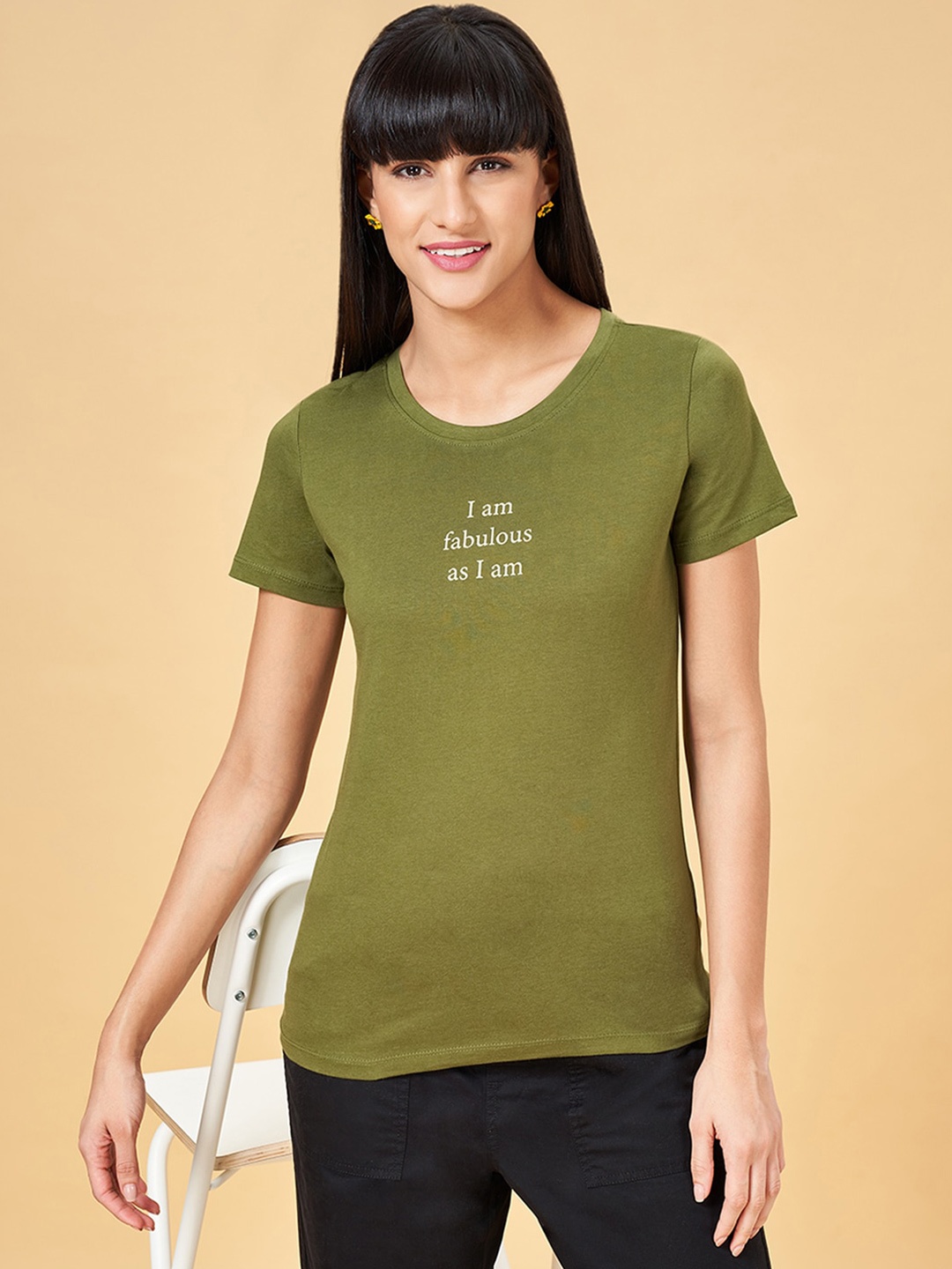 

Honey by Pantaloons Typography Printed Cotton T-shirt, Olive