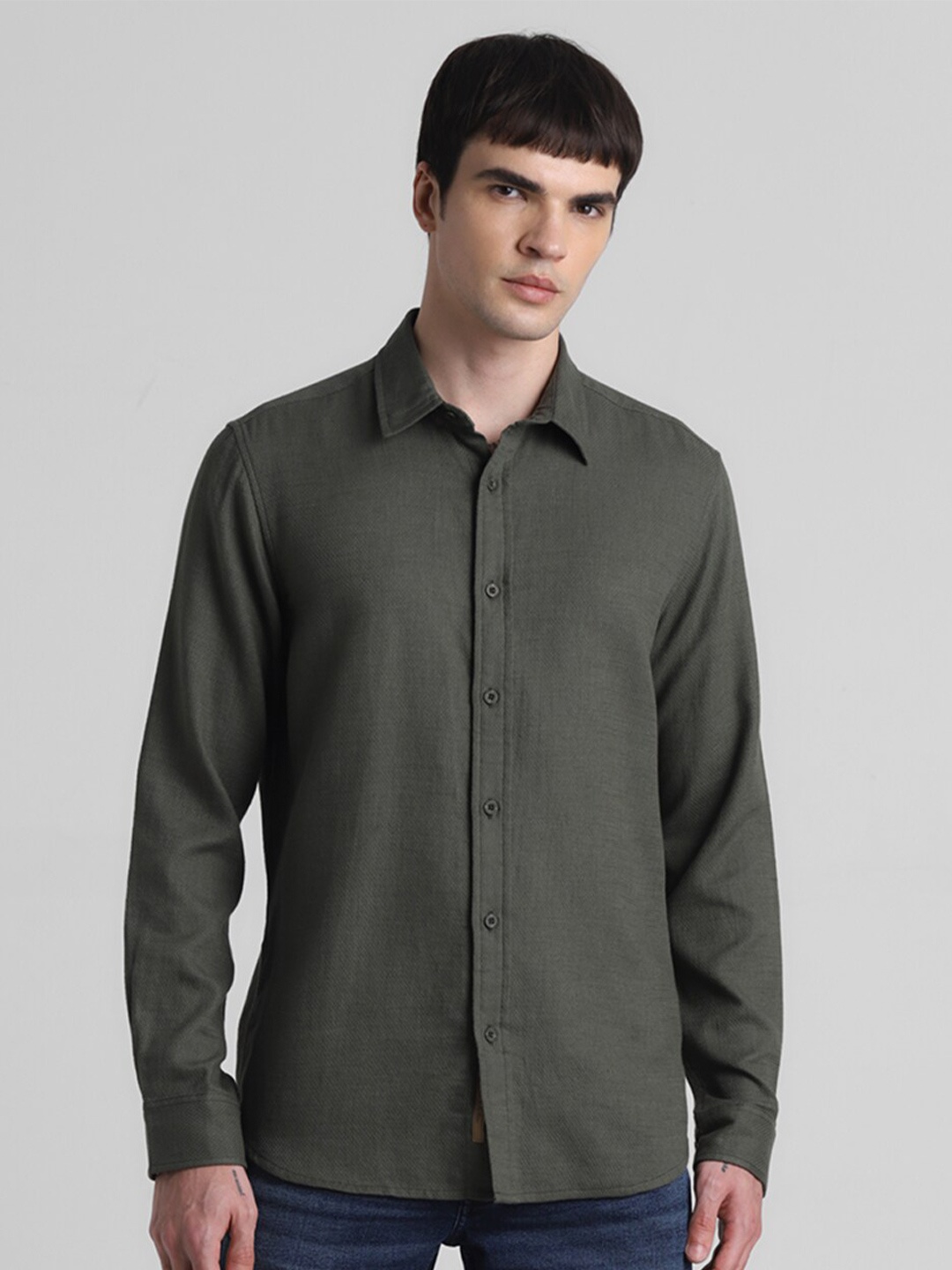 

Jack & Jones Dobby Spread Collar Long Sleeves Cotton Casual Shirt, Green