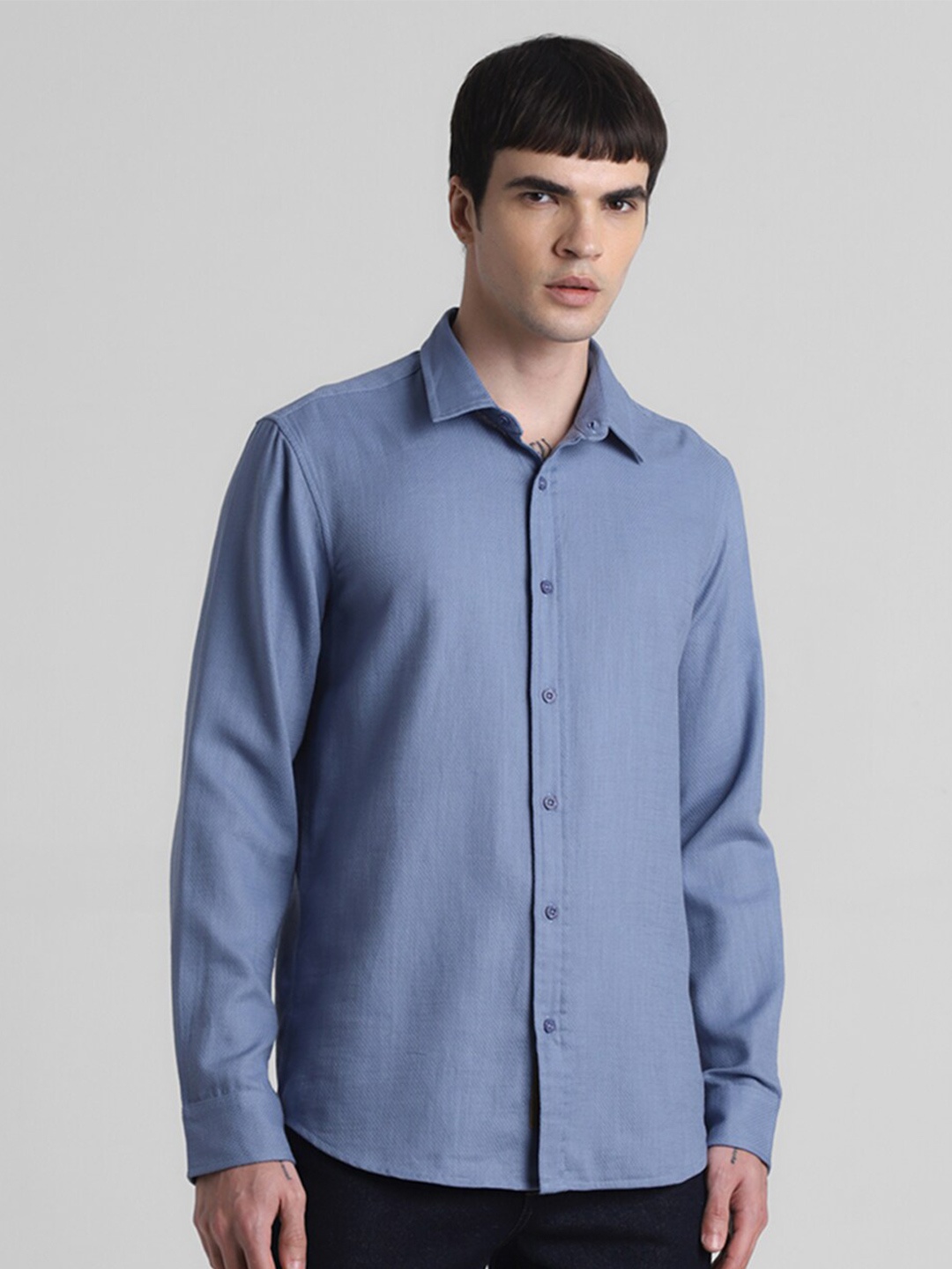 

Jack & Jones Dobby Spread Collar Long Sleeves Cotton Casual Shirt, Blue