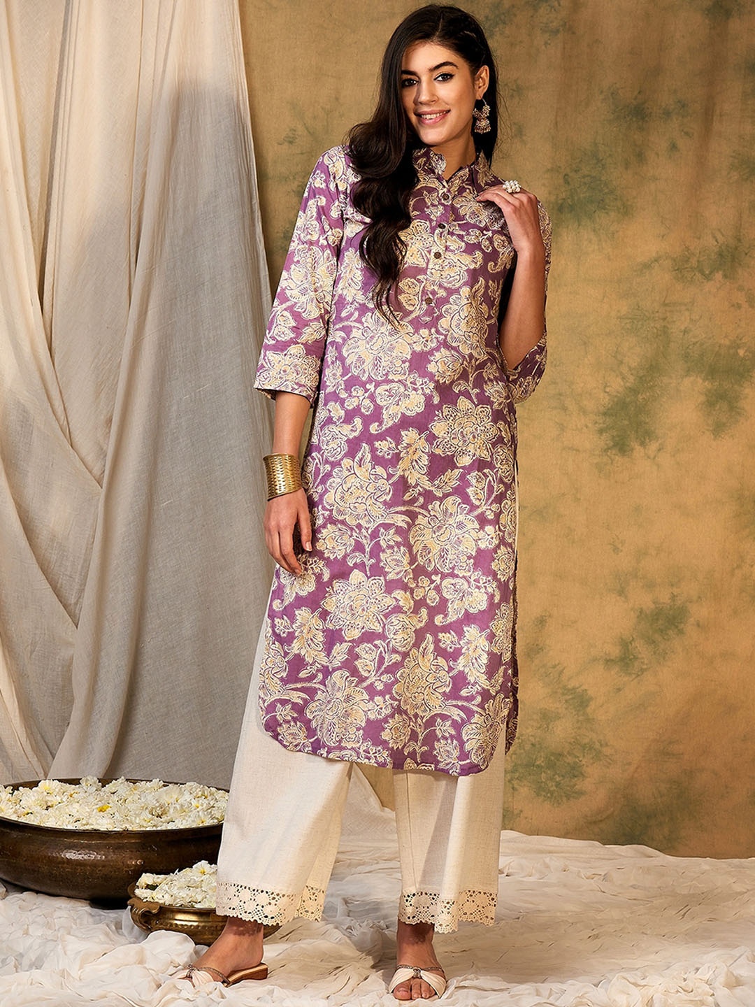 

Indo Era Floral Printed Pure Cotton Kurta With Palazzo, Purple