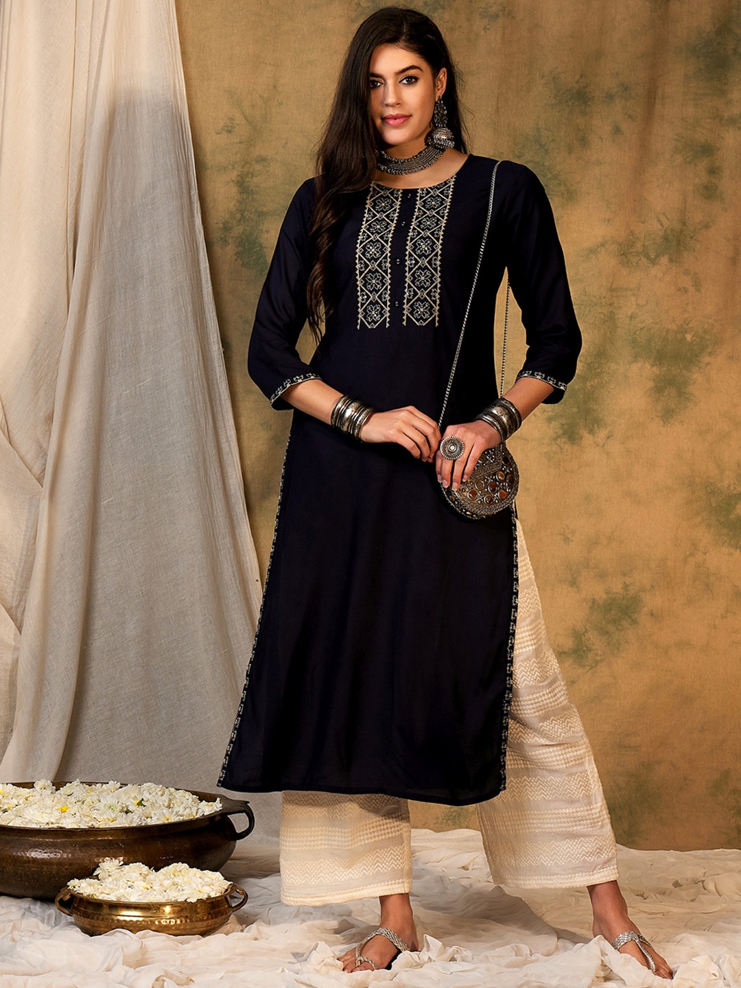 

Indo Era Ethnic Motif Yoke Design Straight Kurta, Navy blue
