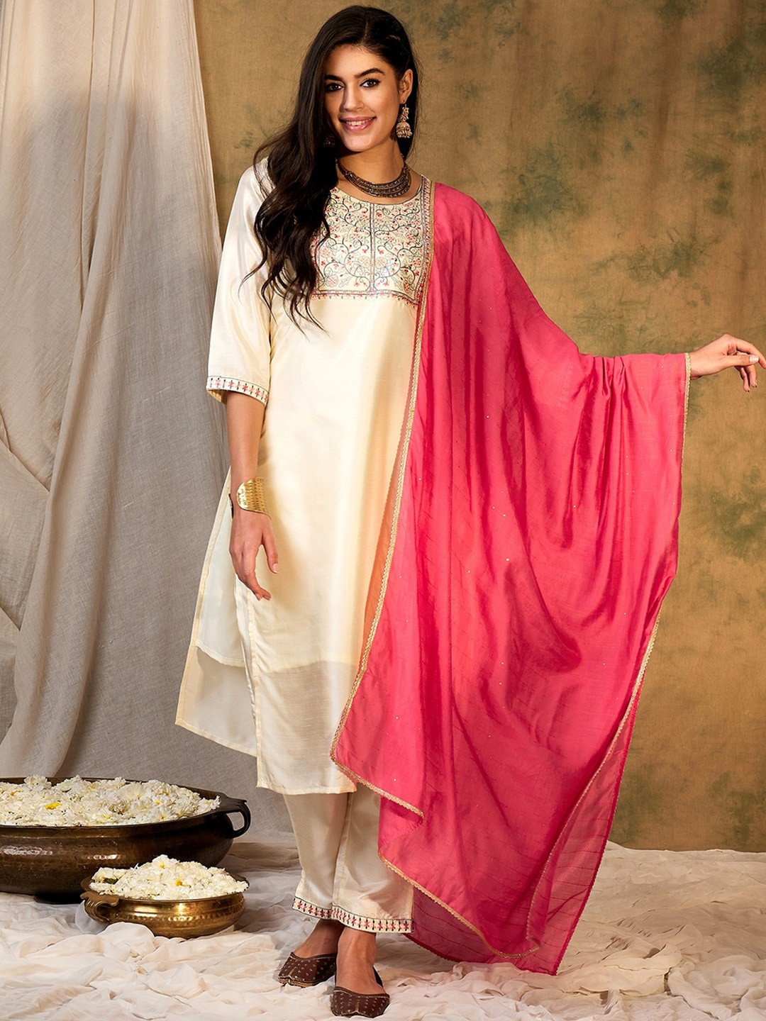

Indo Era Ethnic Motifs Embroidered Thread Work Kurta With Trousers & Dupatta, Cream