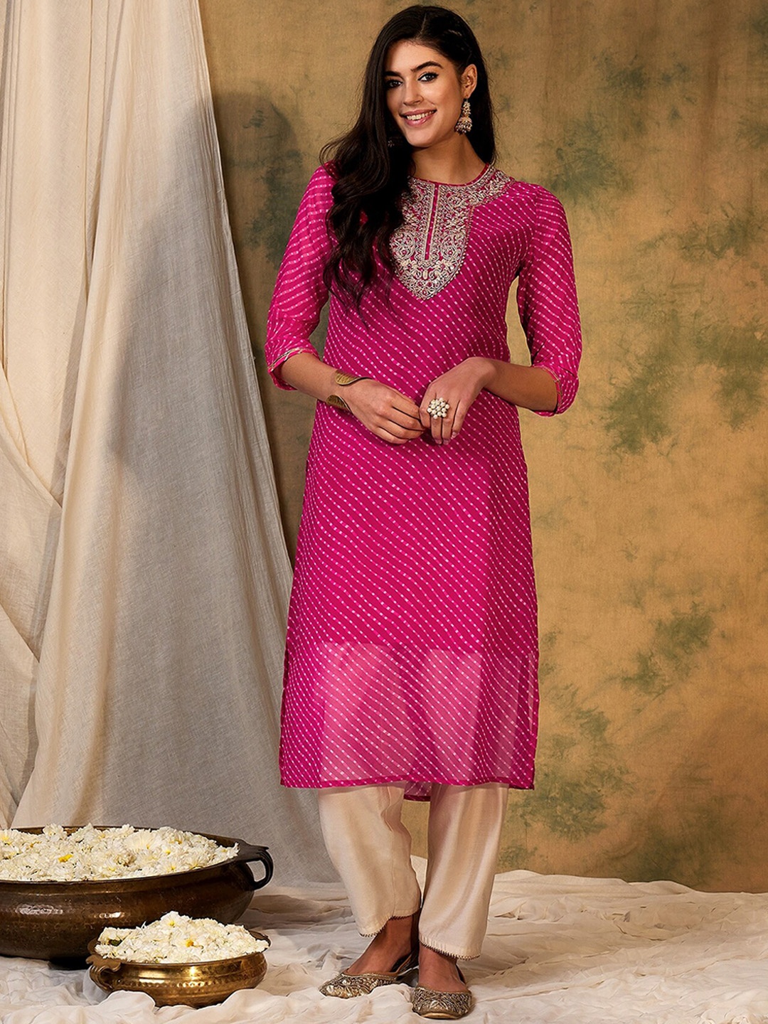

Indo Era Striped Thread Work Georgette & Cotton Kurta, Pink