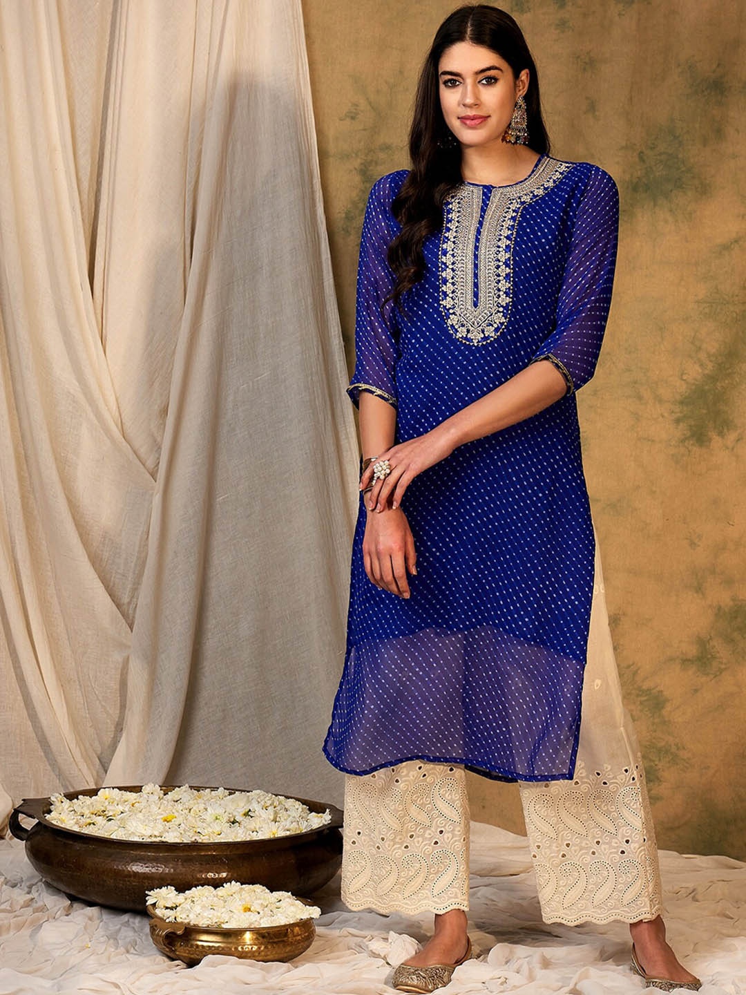 

Indo Era Striped Thread Work Georgette & Cotton Kurta, Blue