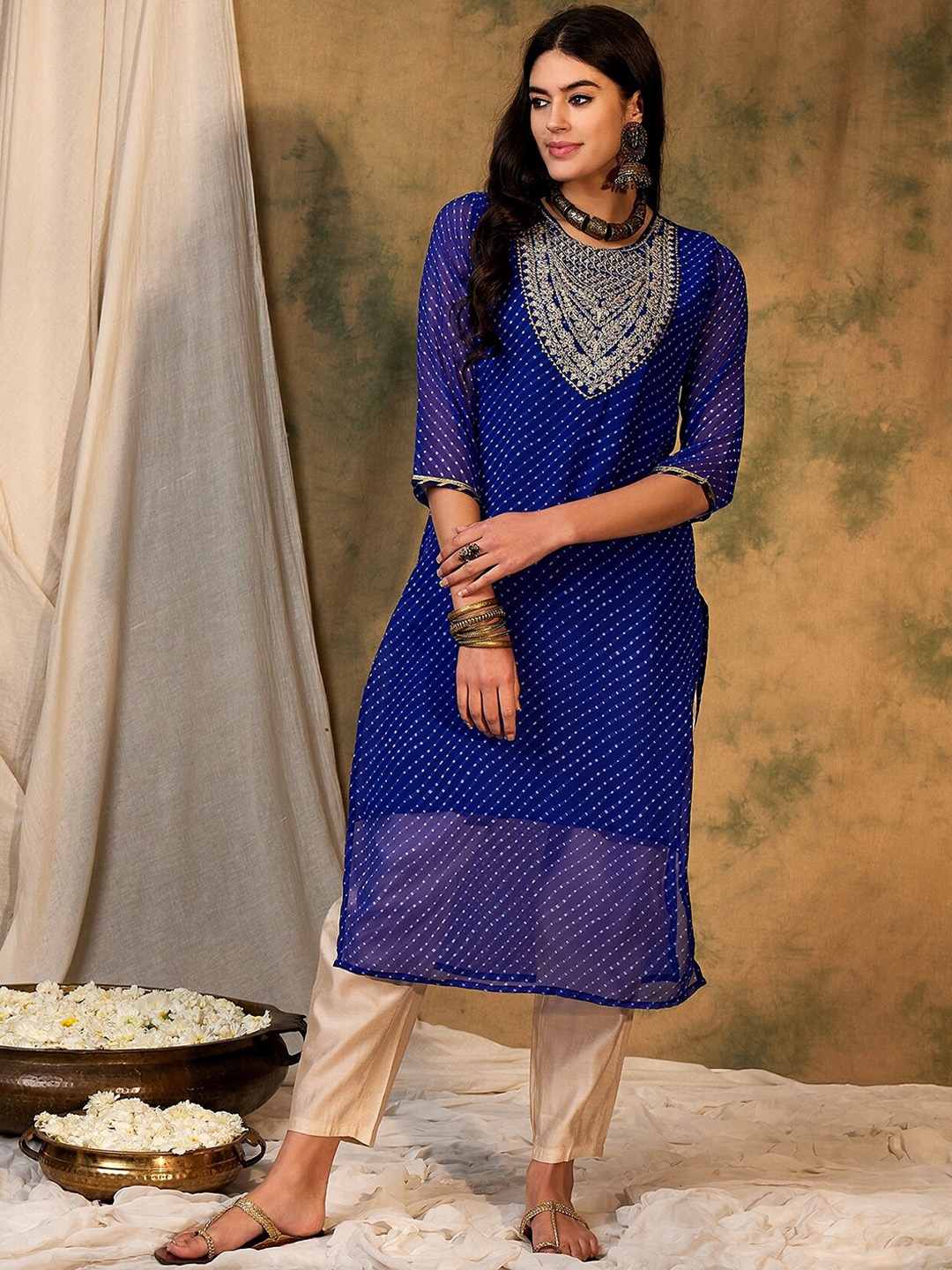 

Indo Era Striped Thread Work Georgette & Cotton Kurta, Blue