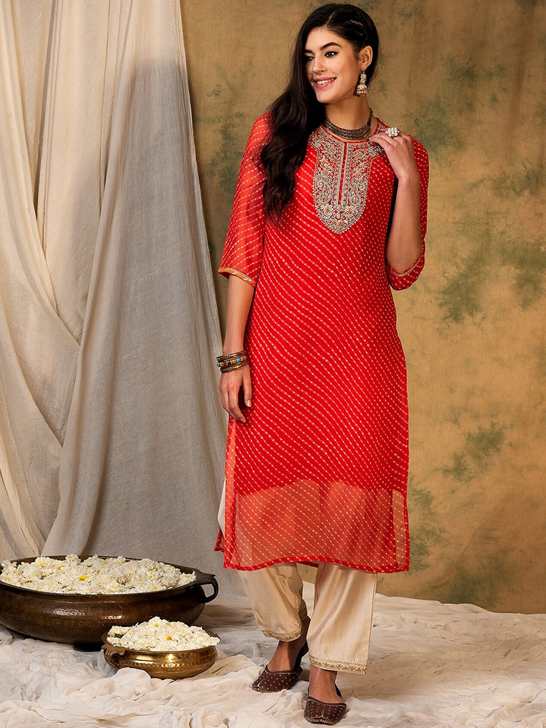 

Indo Era Striped Thread Work Georgette Straight Kurta, Orange