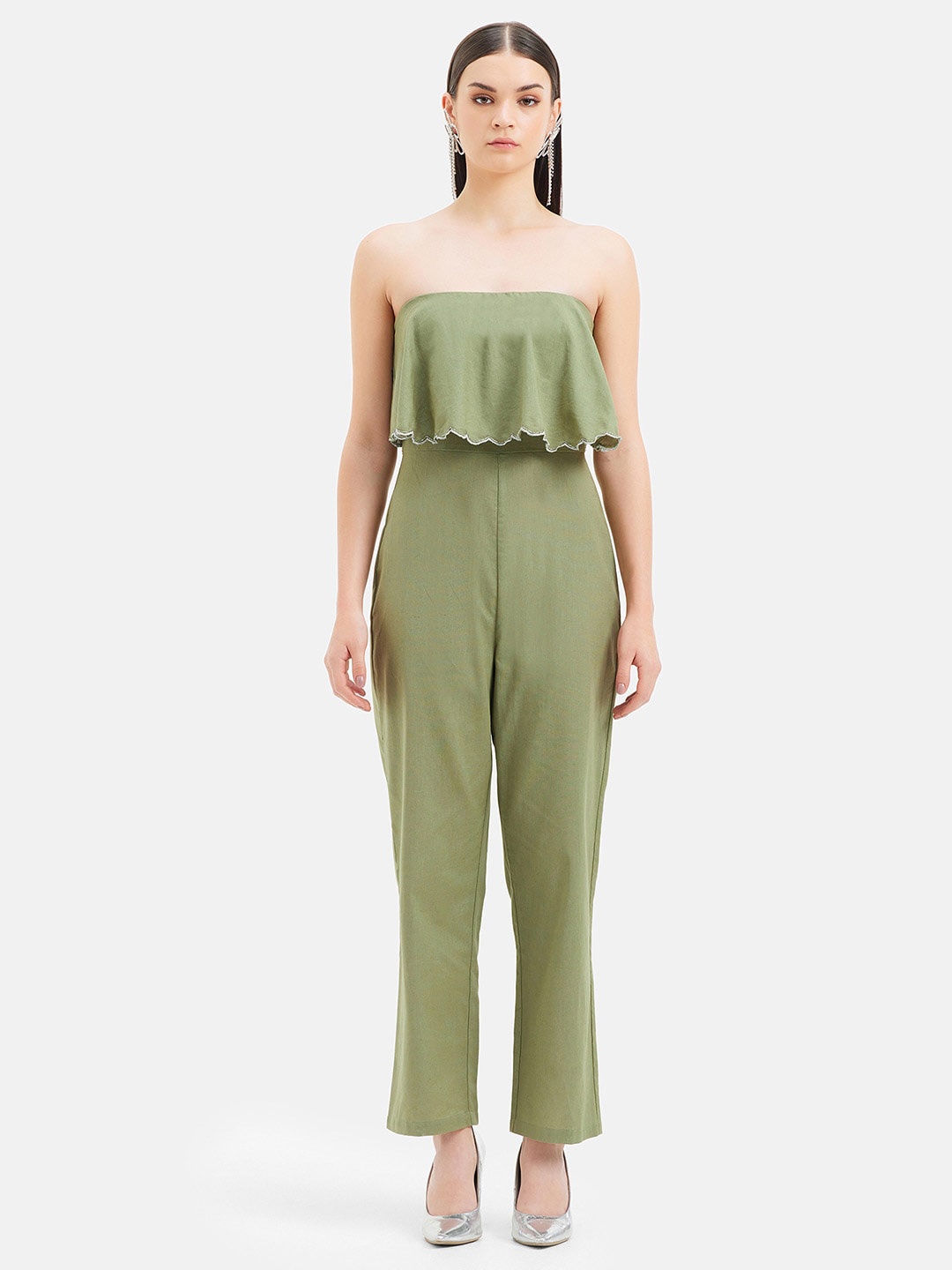 

Kazo Linen Off-Shoulder Basic Jumpsuit, Green