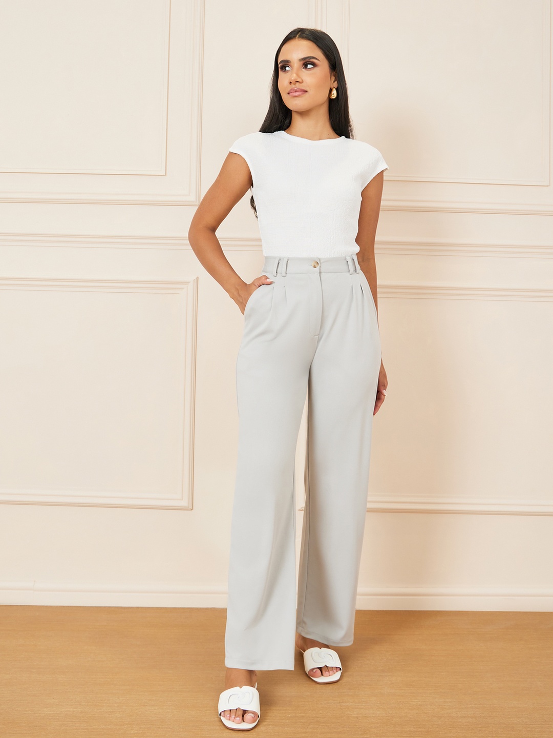 

Styli Women Straight Fit High-Rise Pleated Trousers, Grey