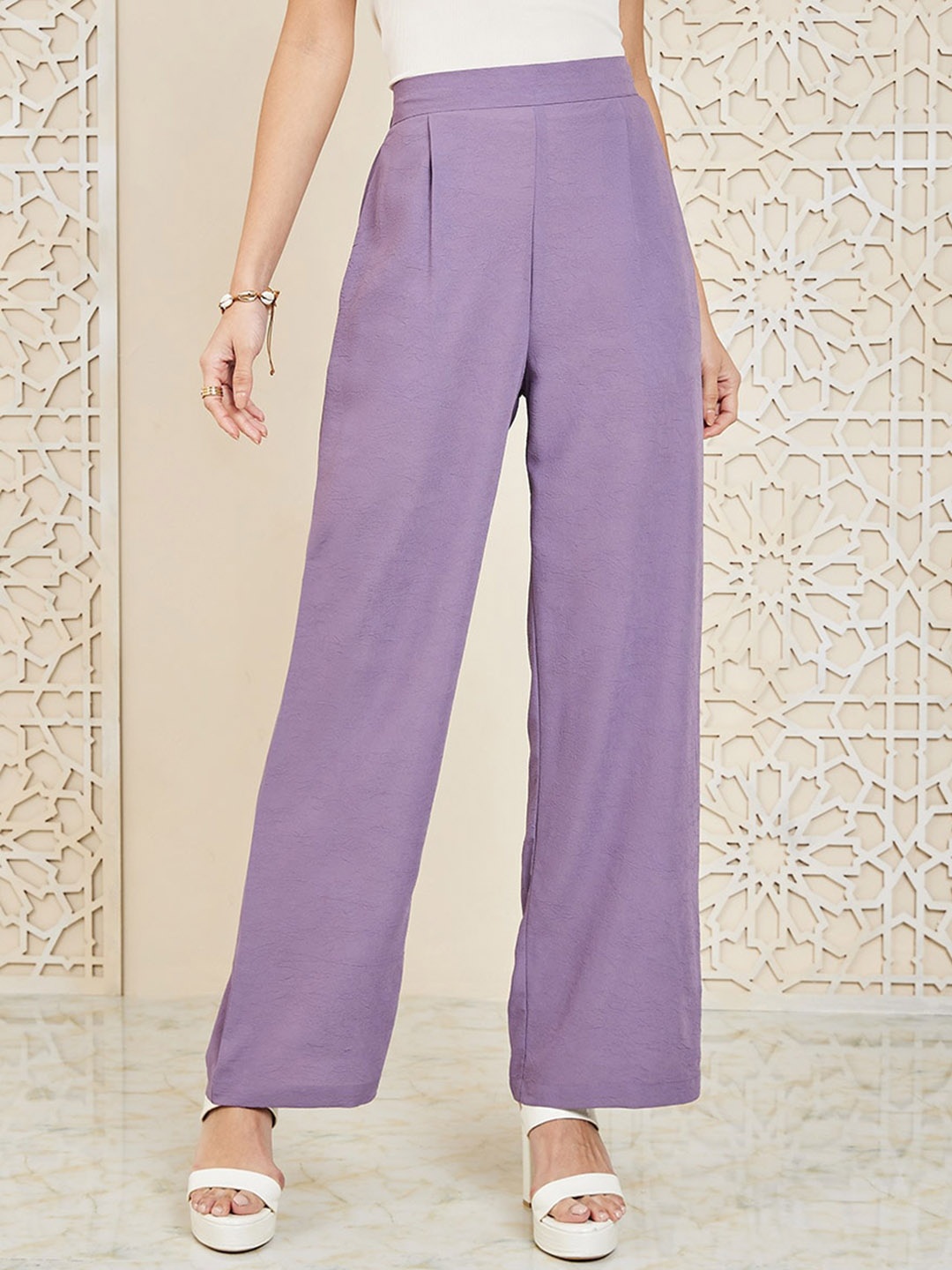 

Styli Women Flared High-Rise Pleated Parallel Trousers, Purple