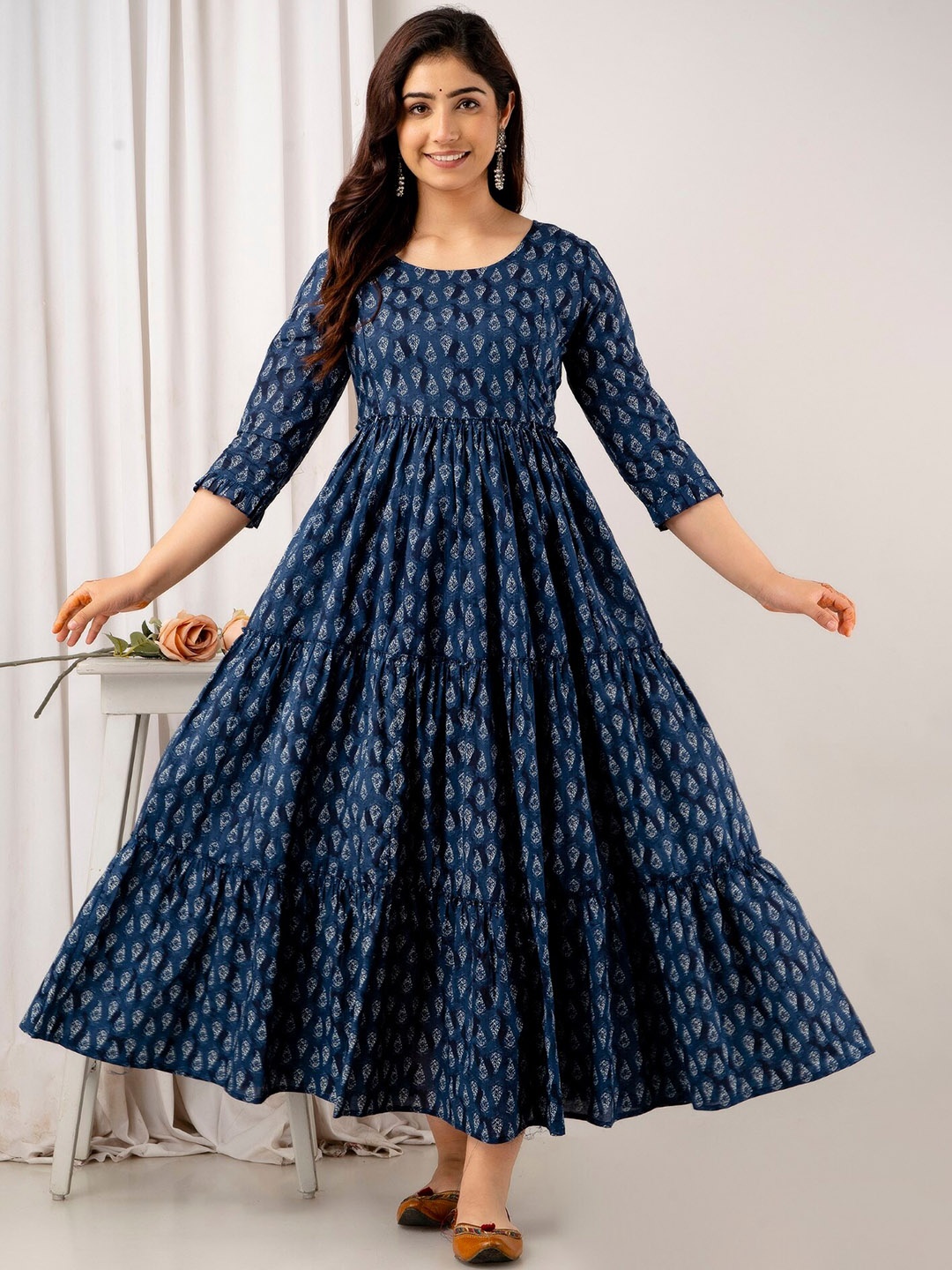 

VARICOS Ethnic Motifs Printed Maternity Cotton Anarkali Kurta, Blue