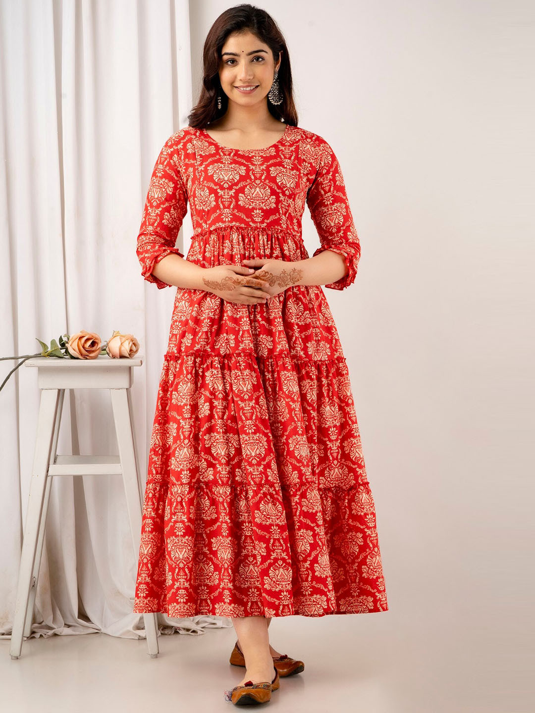 

VARICOS Ethnic Motifs Printed Tiered Maternity Fit and Flare Midi Ethnic Dress, Red