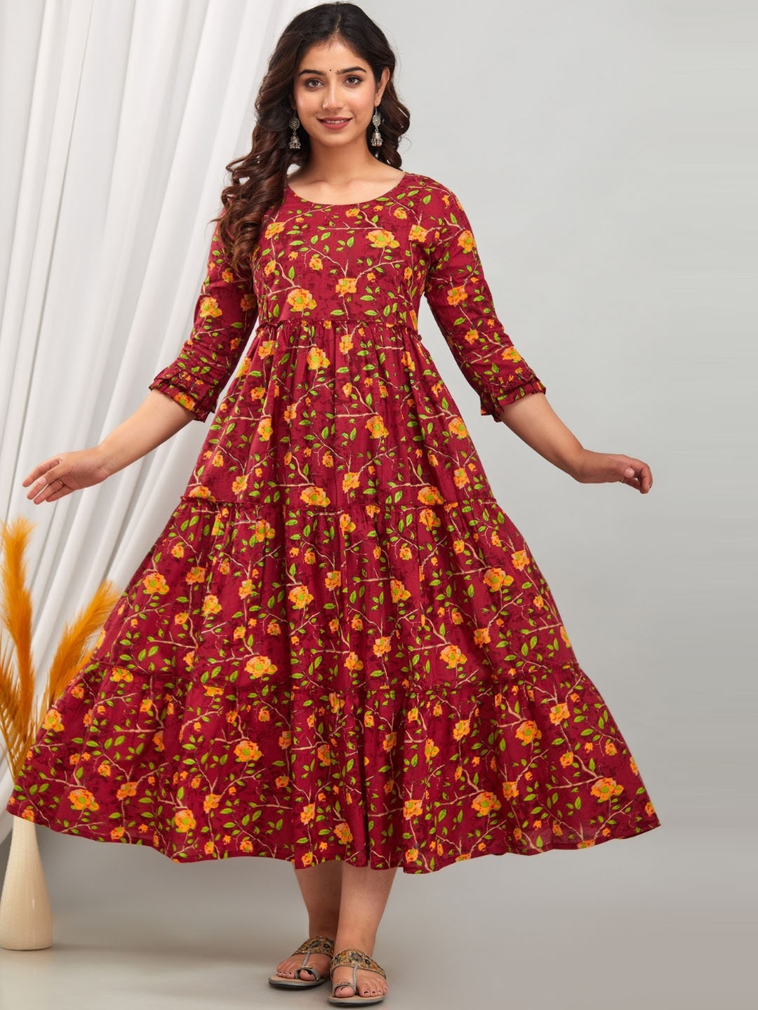 

VARICOS Floral Printed Maternity Cotton Anarkali Kurta, Brown