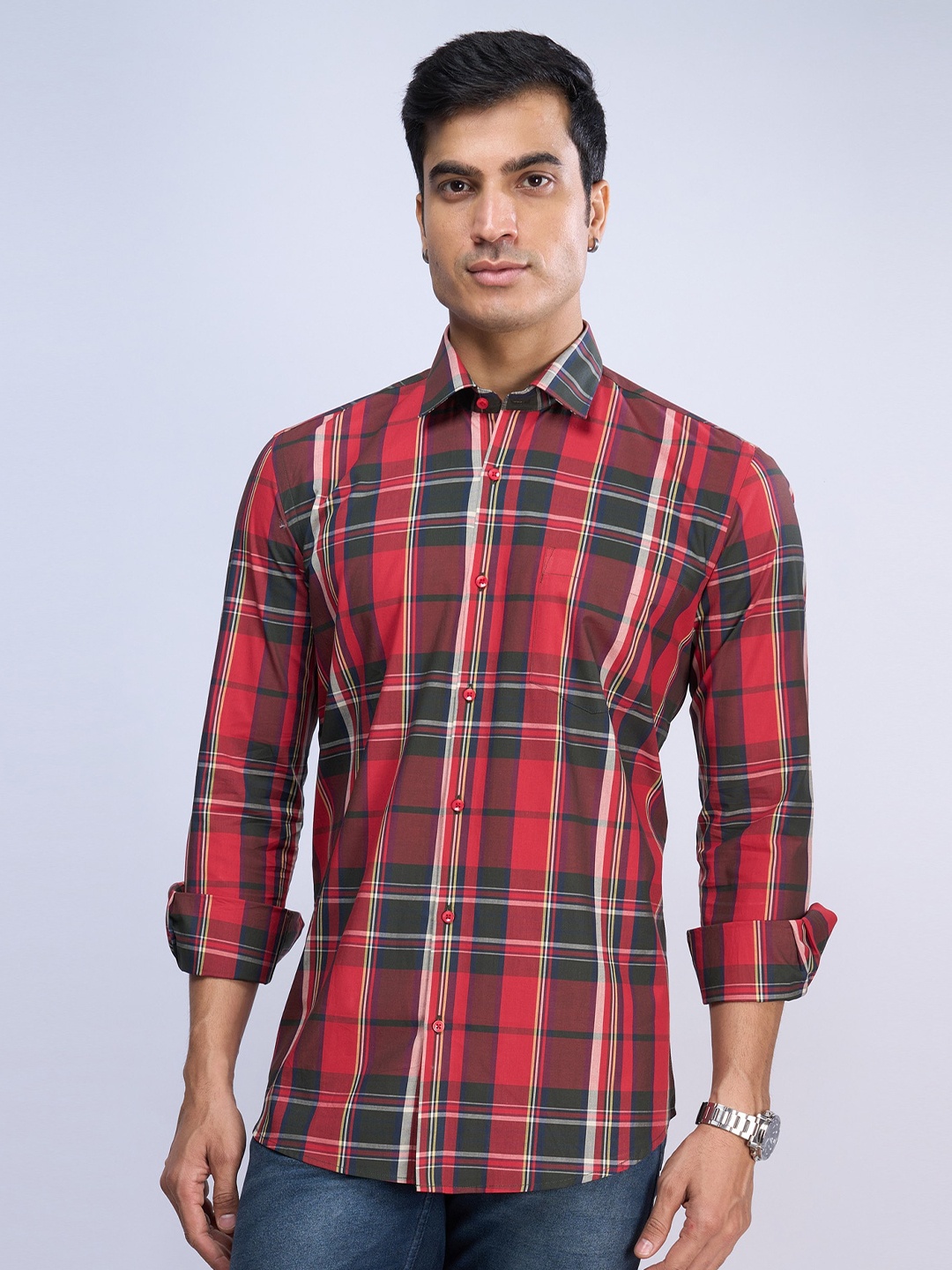 

MARK & ALBERT India Slim Tartan Checked Cotton Casual Shirt, Red