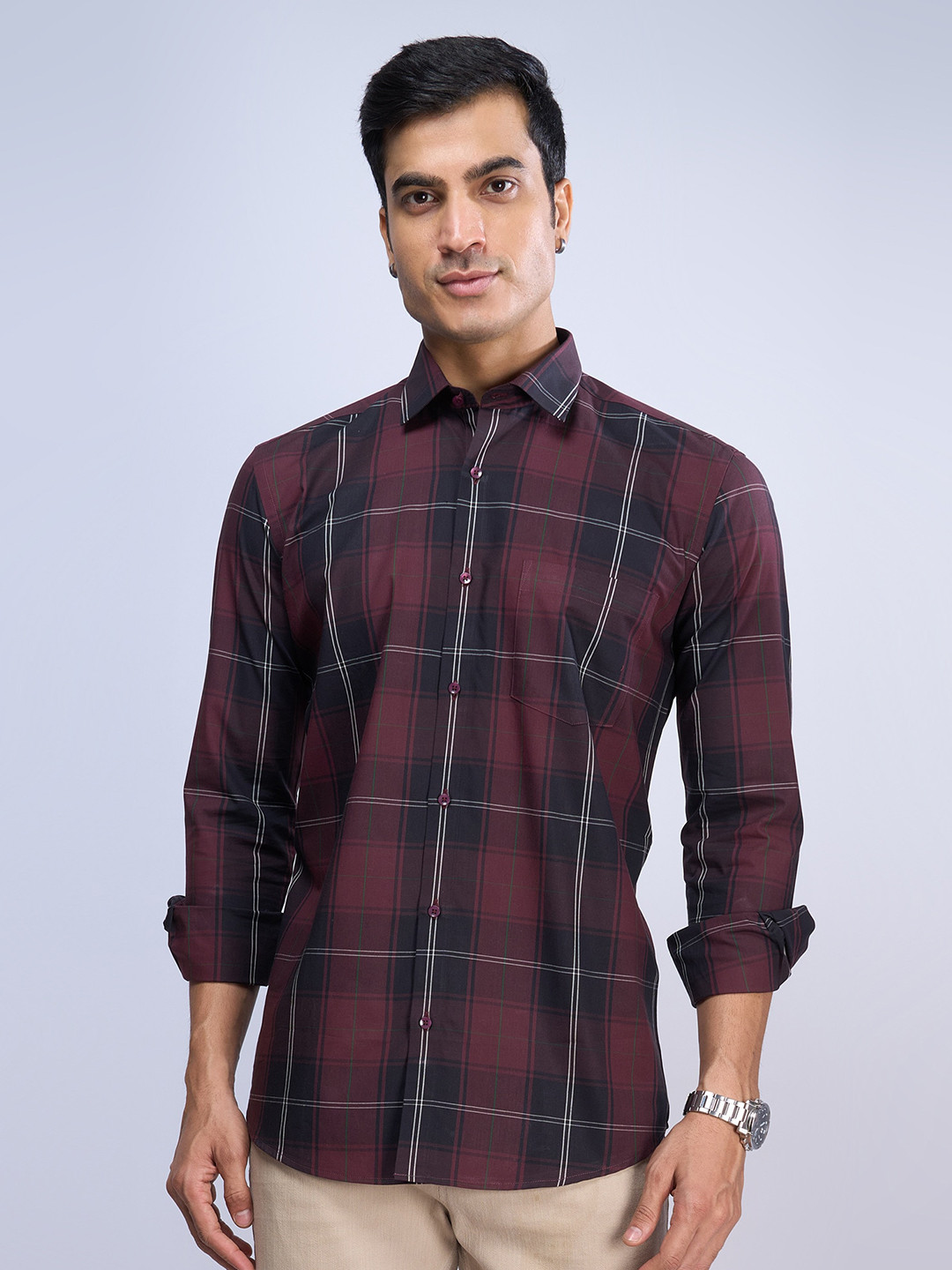 

MARK & ALBERT India Slim Tartan Checked Cotton Casual Shirt, Maroon