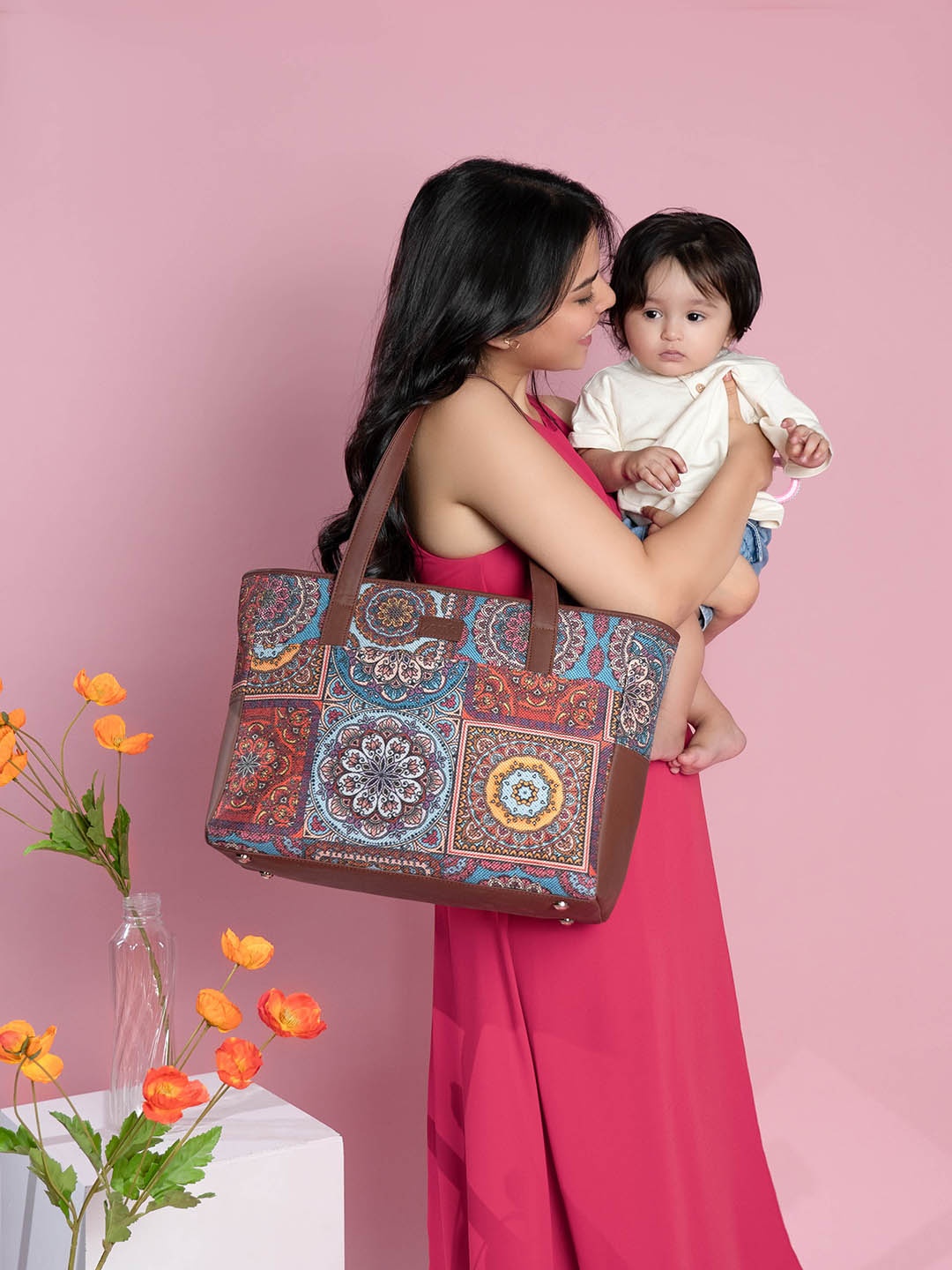 

ZOUK Mandala Printed Vegan Leather Shoulder Diaper Bag, Brown