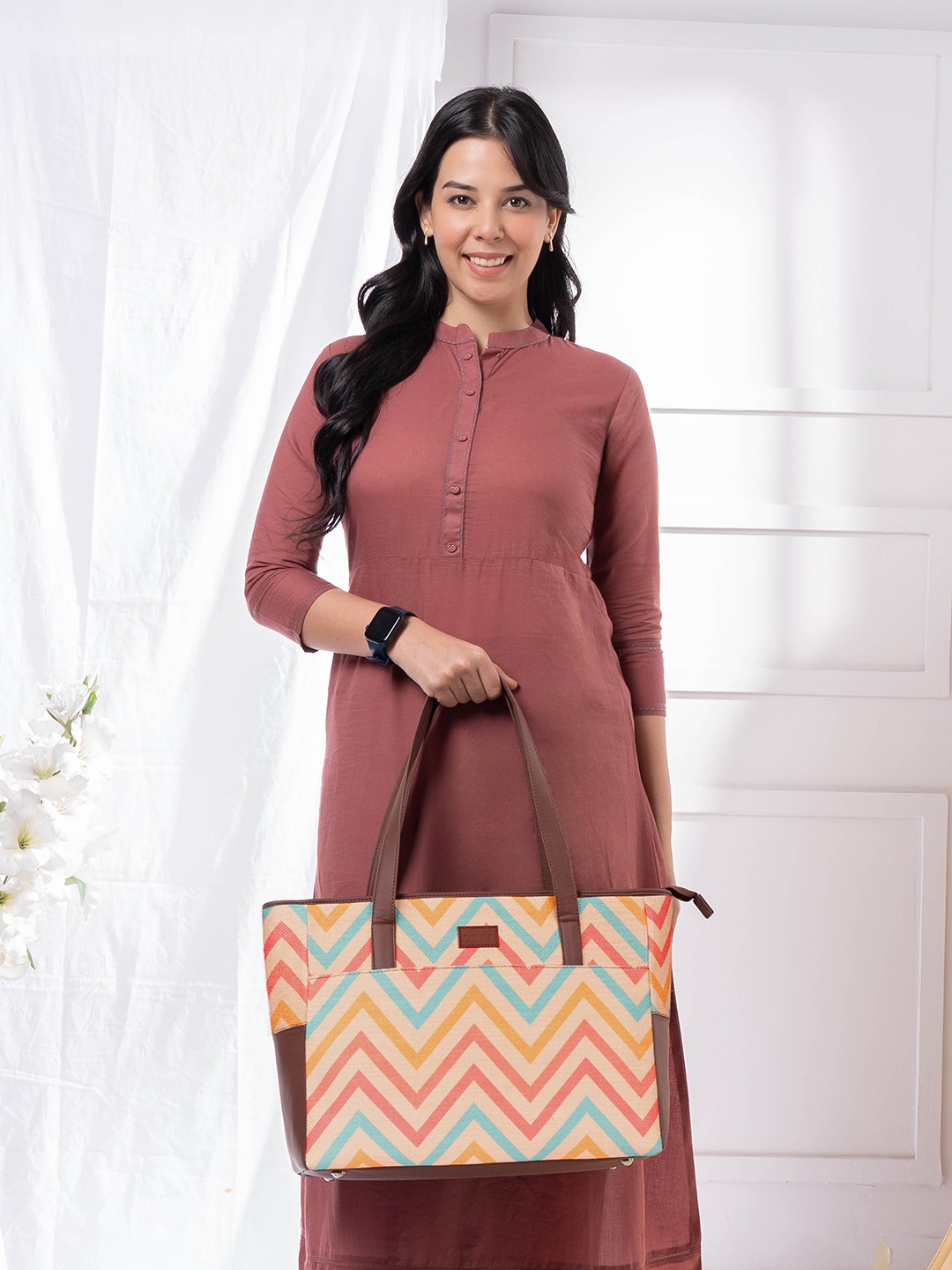 

ZOUK WavBeach Printed Vegan Leather Shoulder Diaper Bag, Peach