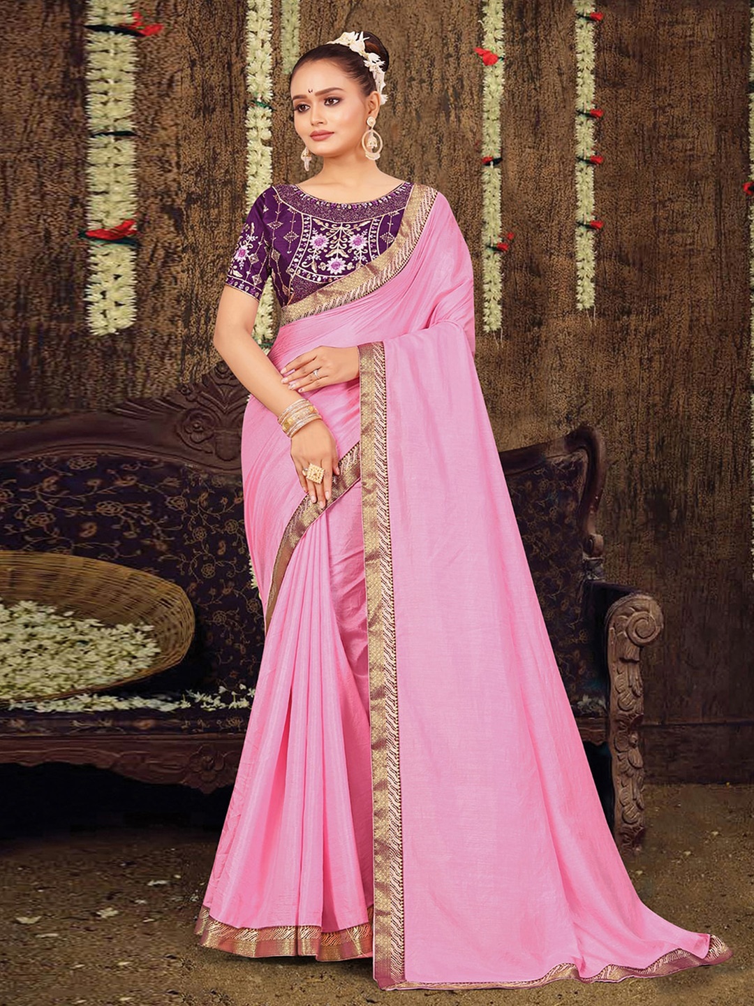 

KALINI Zari Art Silk Maheshwari Saree, Peach