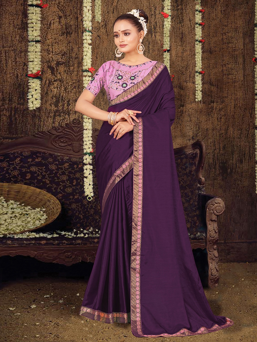 

KALINI Art Silk Maheshwari Saree, Purple