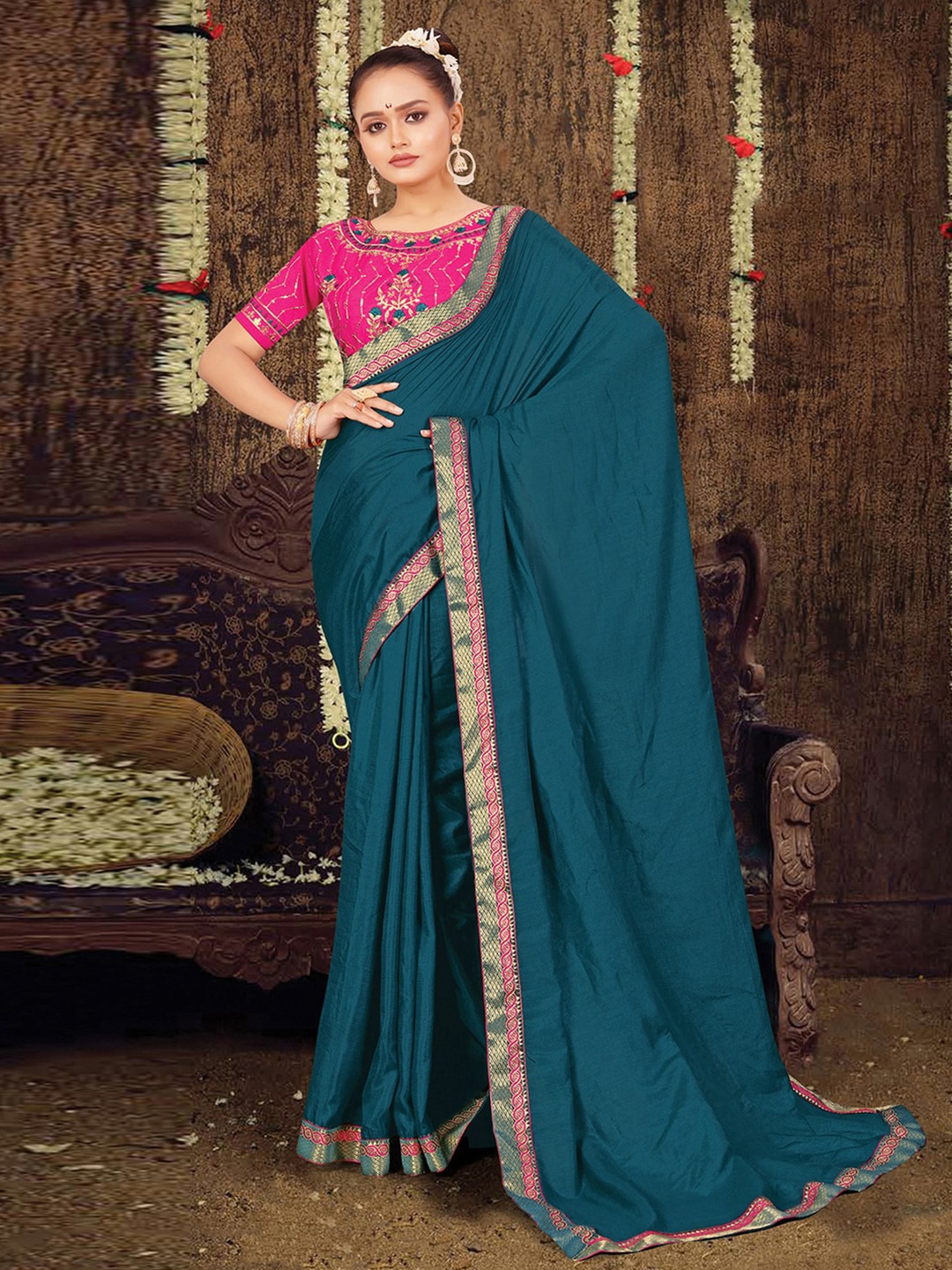 

KALINI Art Silk Maheshwari Saree, Teal