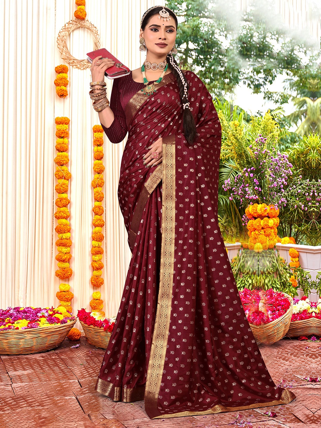 

KALINI Floral Zari Art Silk Fusion Sungudi Saree, Maroon