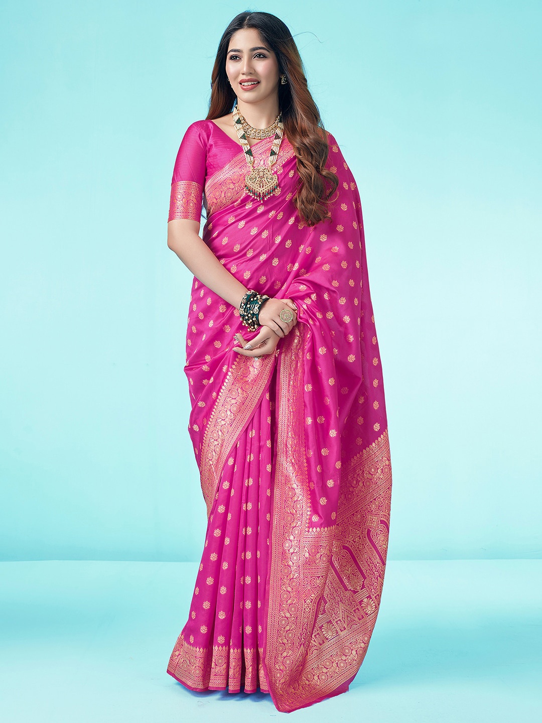 

KALINI Floral Woven Design Zari Art Silk Banarasi Saree, Pink