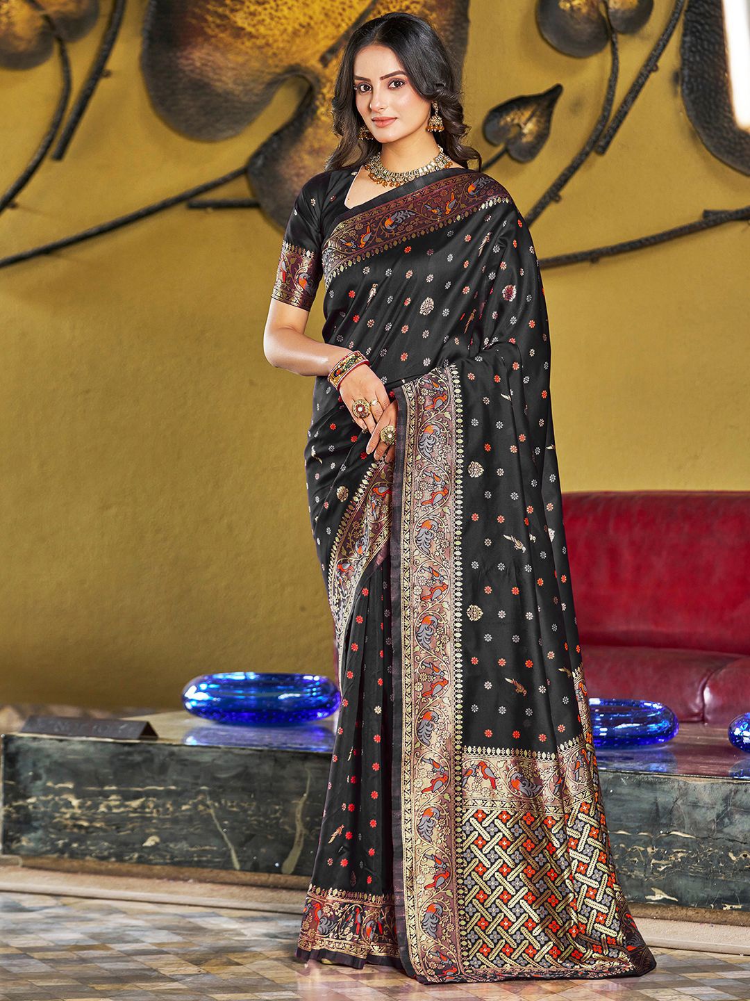 

KALINI Ethnic Motifs Zari Art Silk Paithani Saree, Black