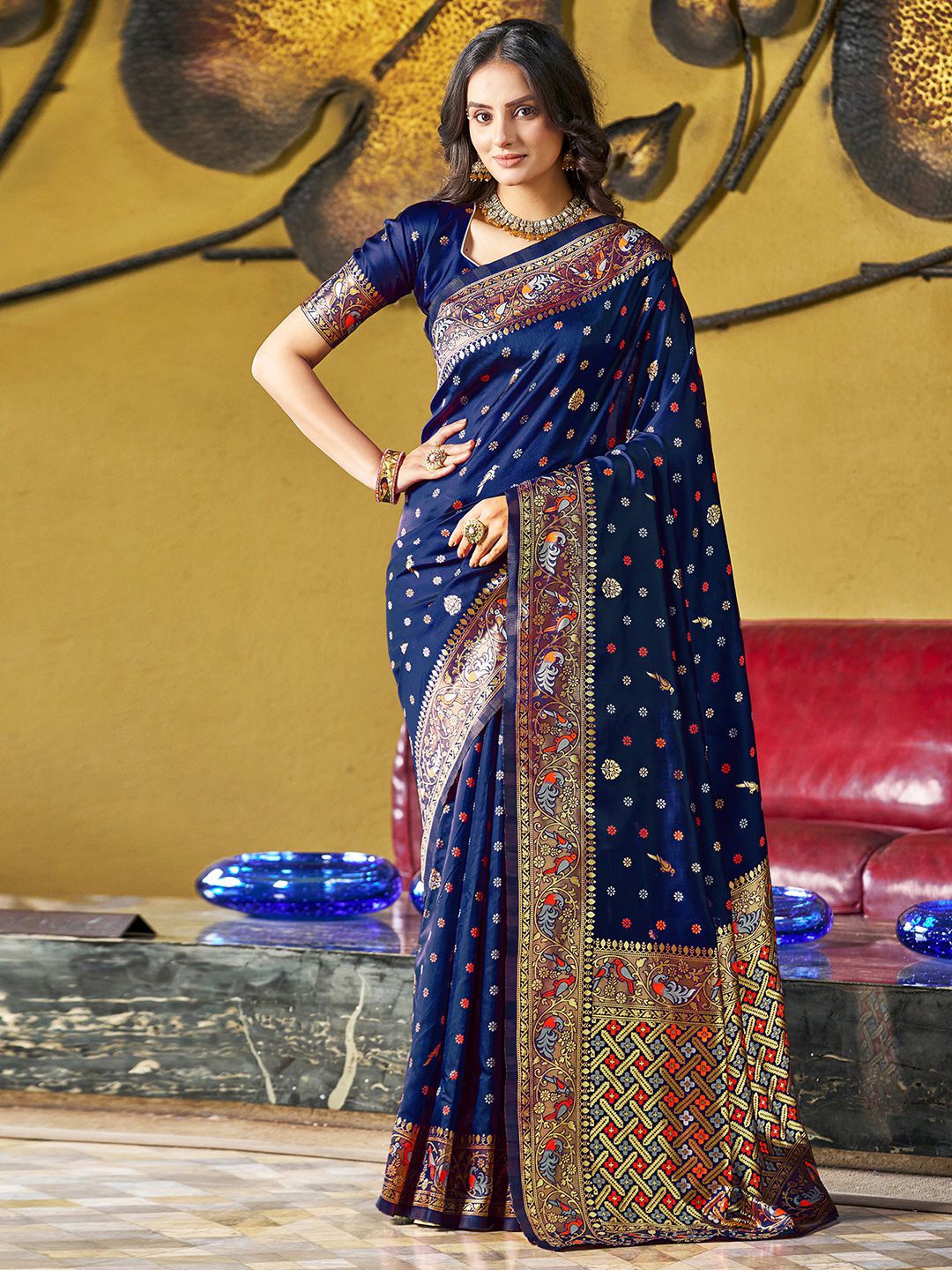 

KALINI Floral Woven Design Zari Art Silk Paithani Saree, Navy blue