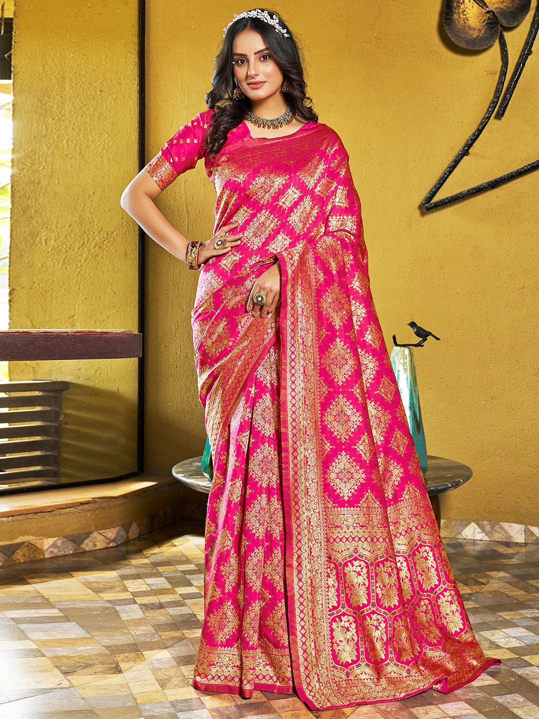 

KALINI Ethnic Motifs Woven Design Zari Art Silk Banarasi Saree, Pink