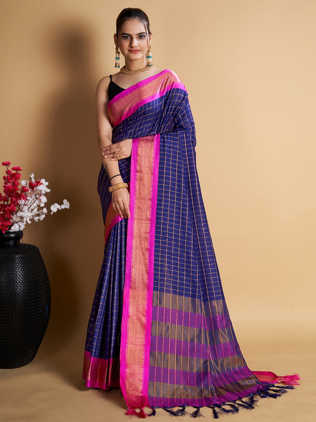 

KALINI Checked Zari Silk Cotton Uppada Saree, Navy blue