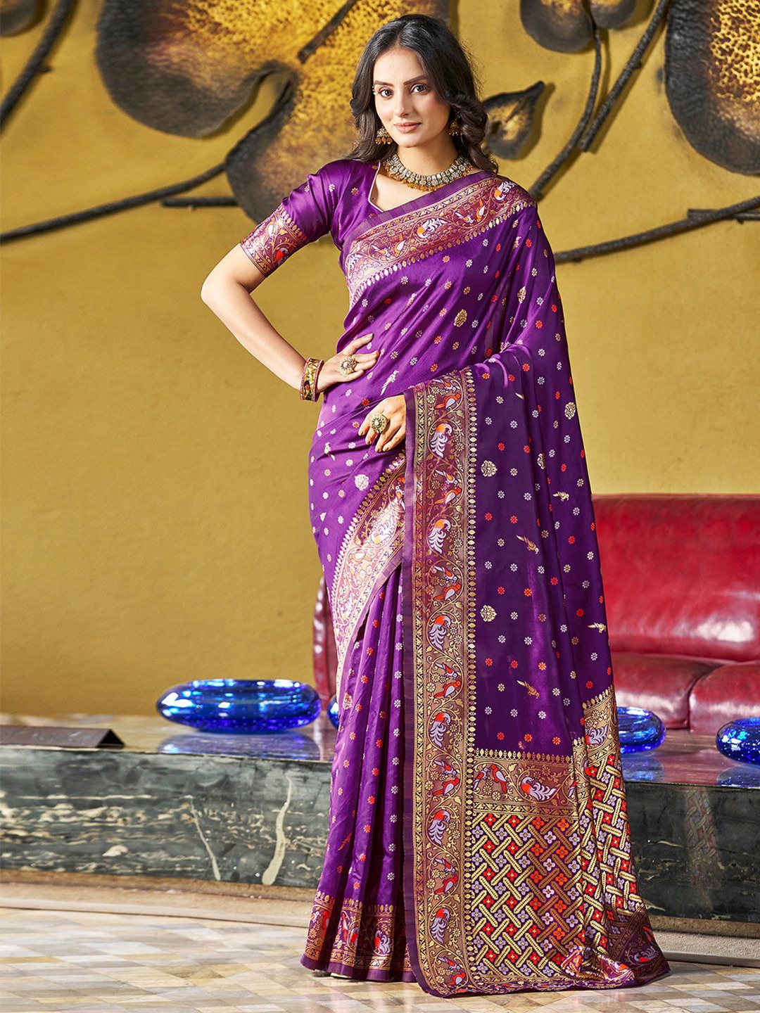 

KALINI Floral Woven Design Zari Art Silk Paithani Saree, Purple