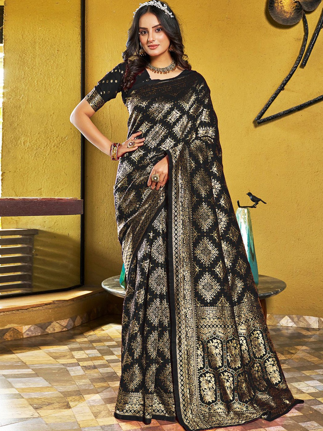 

KALINI Ethnic Motifs Woven Design Zari Art Silk Banarasi Saree, Black